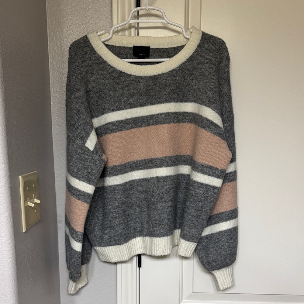 Lumiere Gray and Pink Striped Crew Neck Sweater